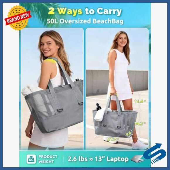 Amazon.com: YILAF 50L Mesh Beach Bag Extra Large, Durable  Large Mesh Tote Bag 50L Waterproof Pockets Beach Pool Travel Carryall